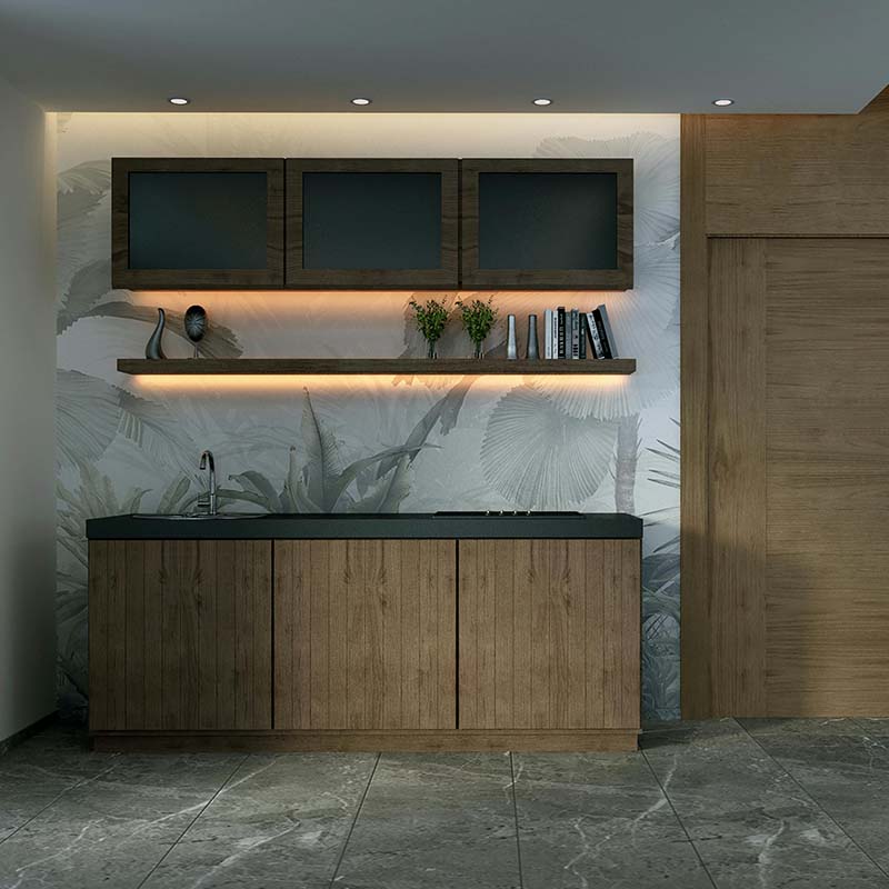 A wooden storage area with integrated LED lighting under its shelves, illuminating the countertop and d&eacute;cor items.