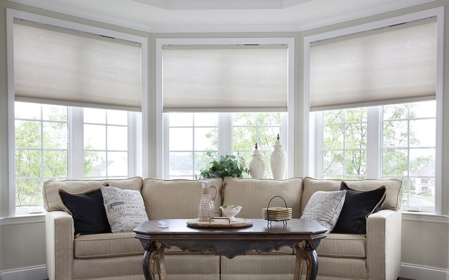 a living room with a couch, three bay windows, and open Lutron Serena shades