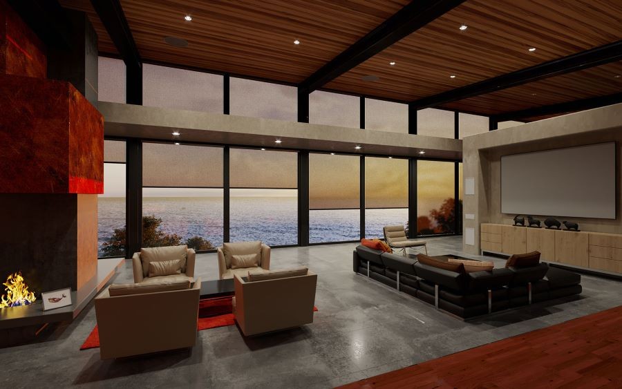 A large living area with a movie screen, lit fireplace, and motorized shades partially lowered over windows with an ocean view.