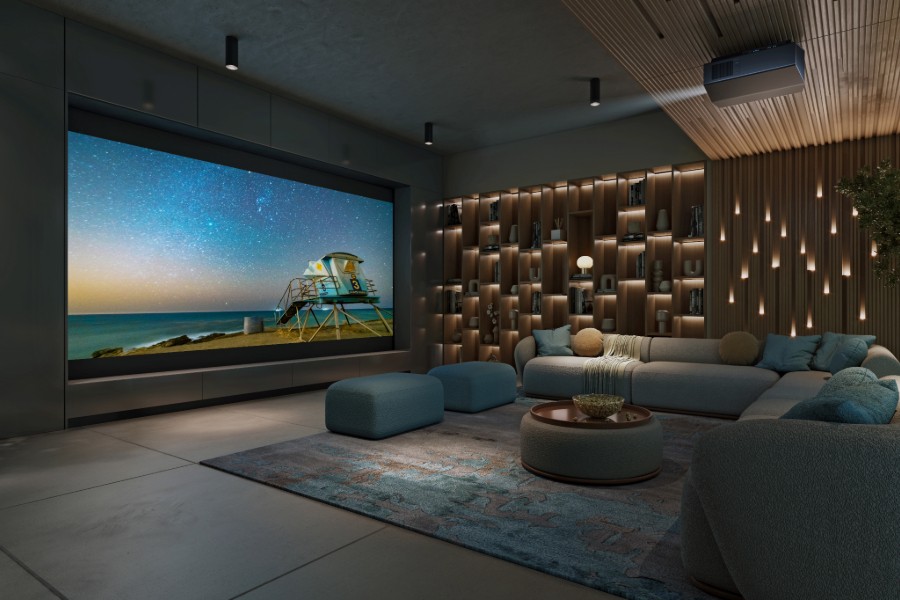  A modern home theater with a spacious screen, perfect for immersive entertainment.