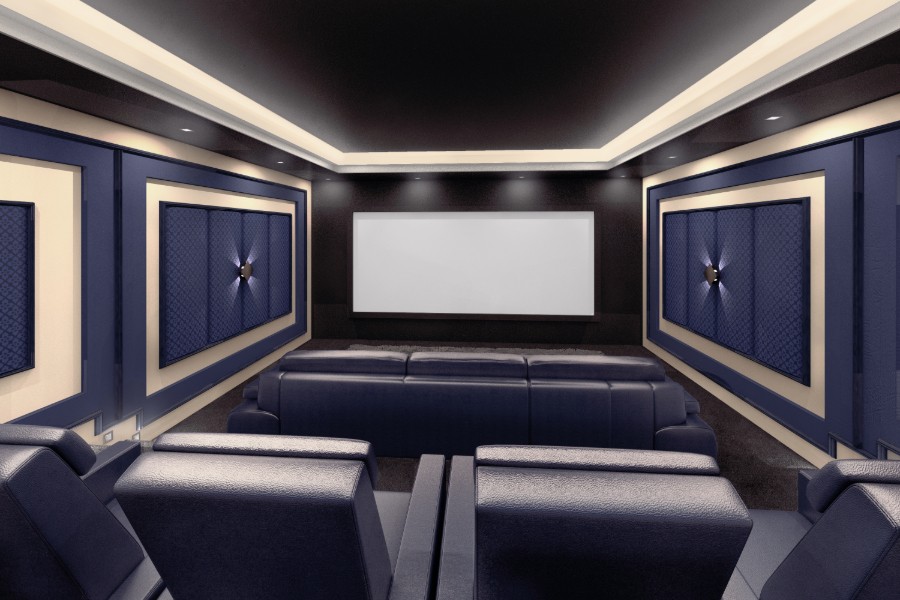 Stylish home theater room showcasing comfortable blue leather seating for an immersive viewing experience.