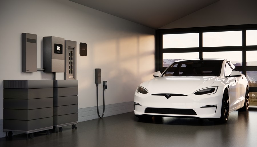 An electric vehicle parked in a garage equipped with intelligent power backup systems. 