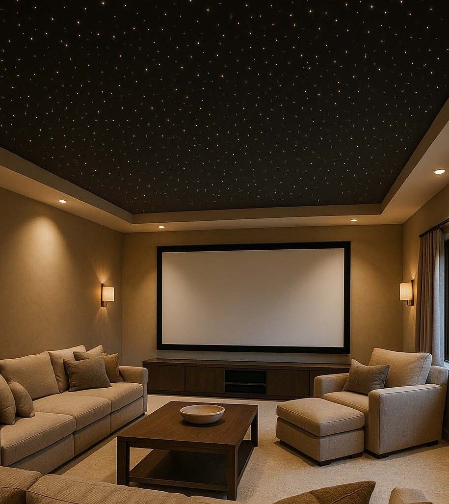 Home theater with beige seating, wood table, wall sconces, large projection screen, and starry ceiling lights for ambiance.