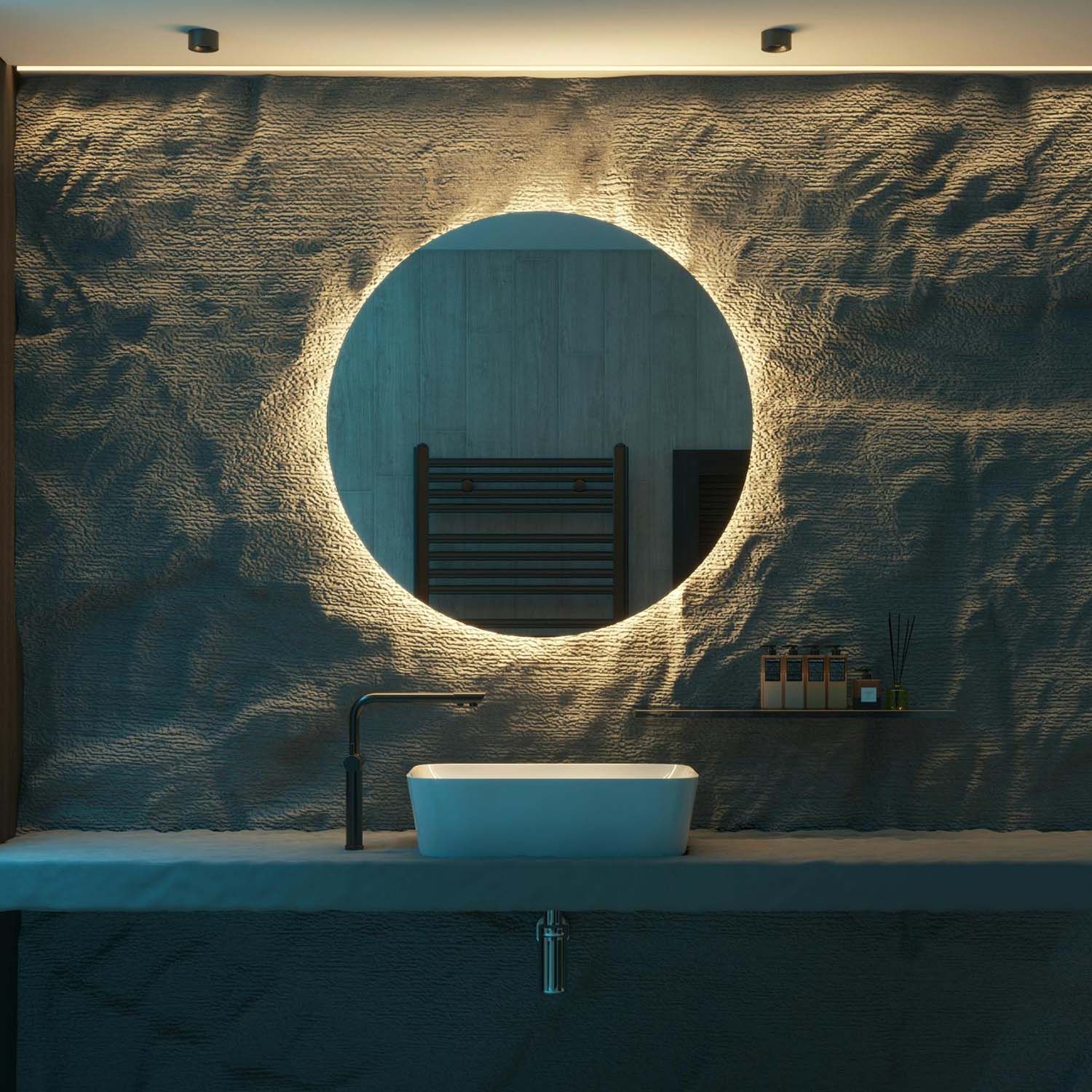 grey stone mottled wall backlit from mirror